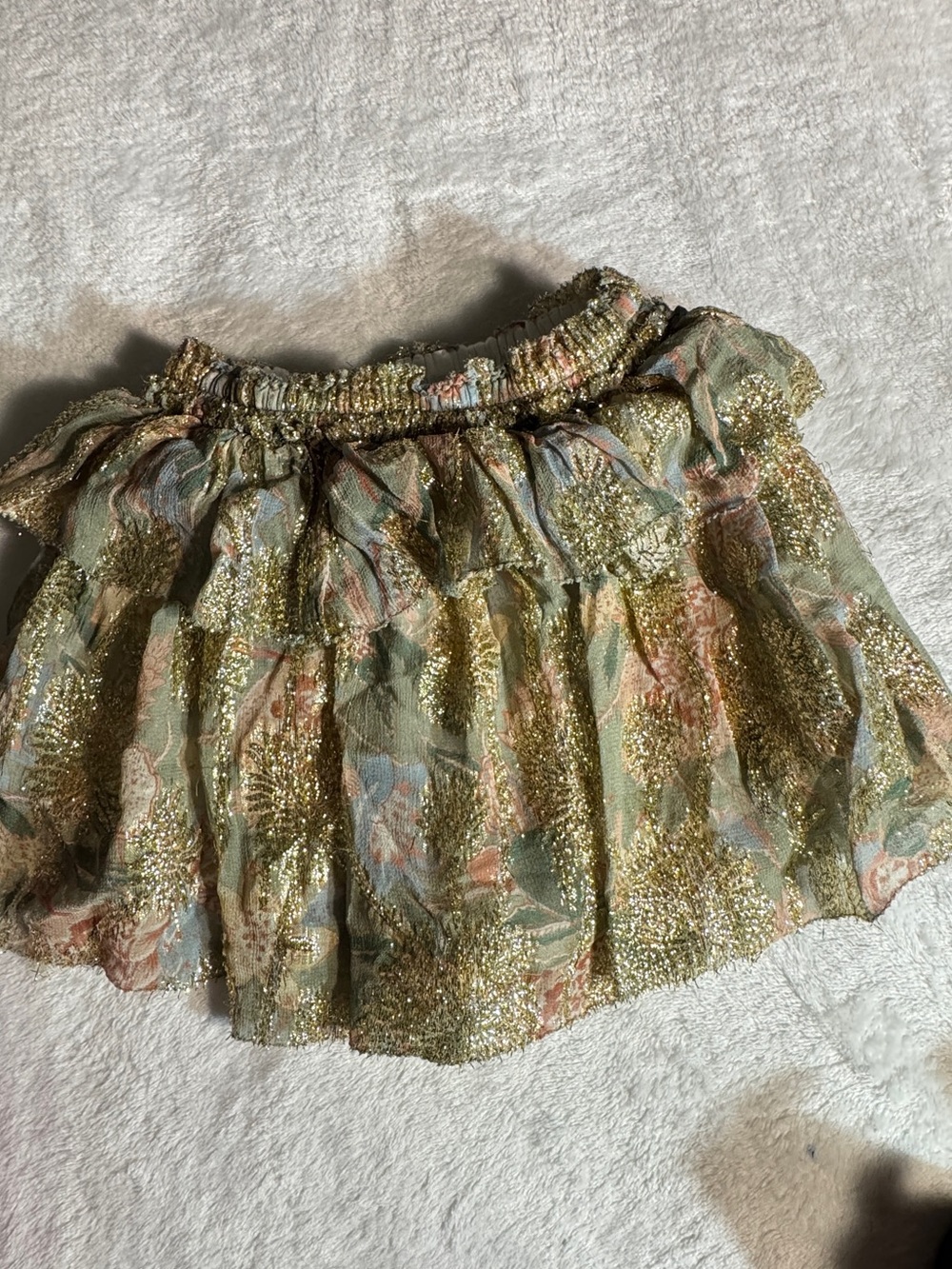 Girls' Sage Green Floral Glitter Skirt with Elastic Waistband